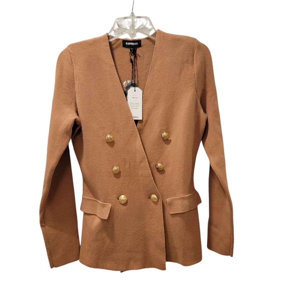 NWT Express Tan Classic Preppy Sweater Knit Blazer with Novelty Gold Buttons XS